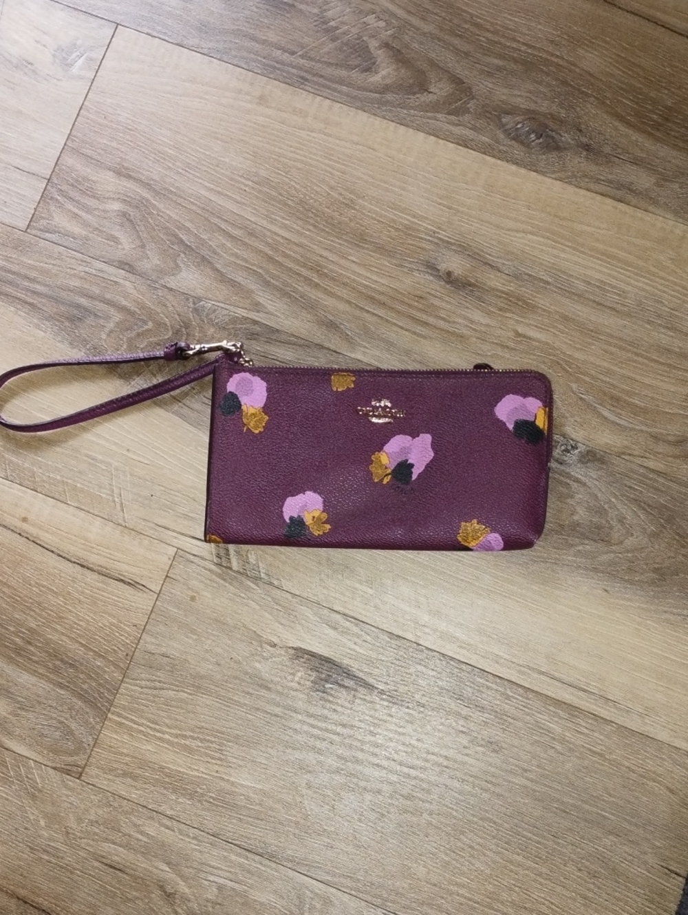 Coach Plum Floral Zip Wristlet Wallet with Pink and Gold Accents